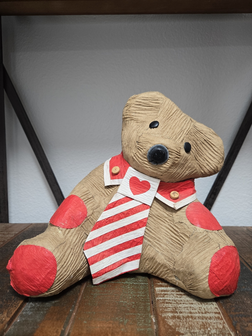 Vintage Paper Mache Teddy Bear Figurine Folk Art Crinkle Texture Heart Tie 8"